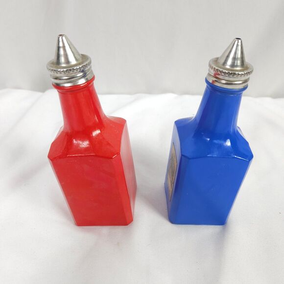 Vintage PANTRY POPS GEMCO RED & BLUE Cruet ART DECO Glass Oil Vinegar Jar Bottle - Picture 4 of 7